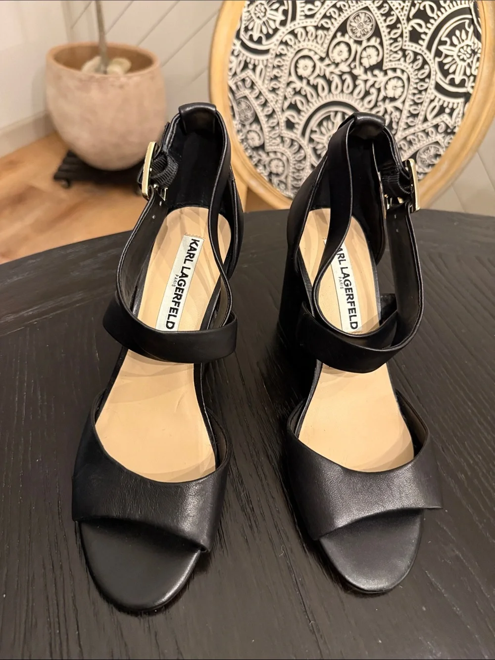 Karl Lagerfeld Black Leather Wedge Sandals with Buckle Strap
